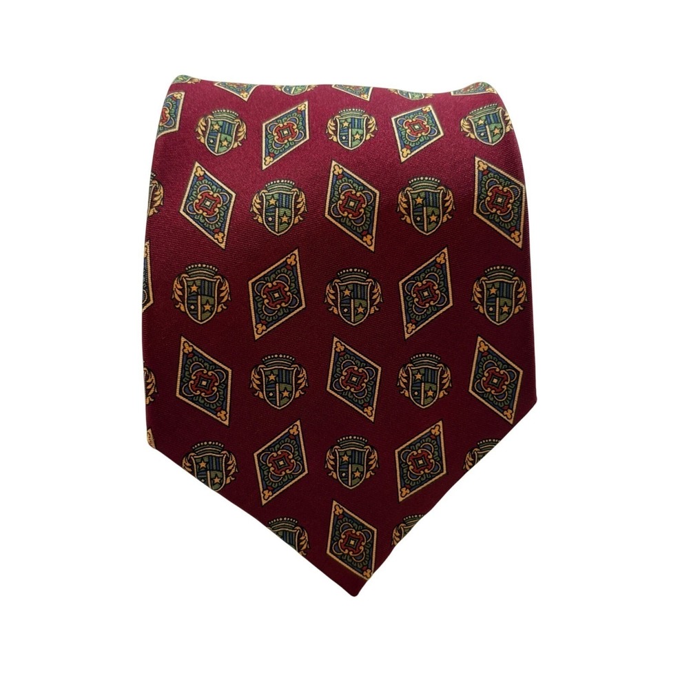Tommy Hilfiger Mens Silk Tie Burgundy Crest Diamond Geometric Made in USA
